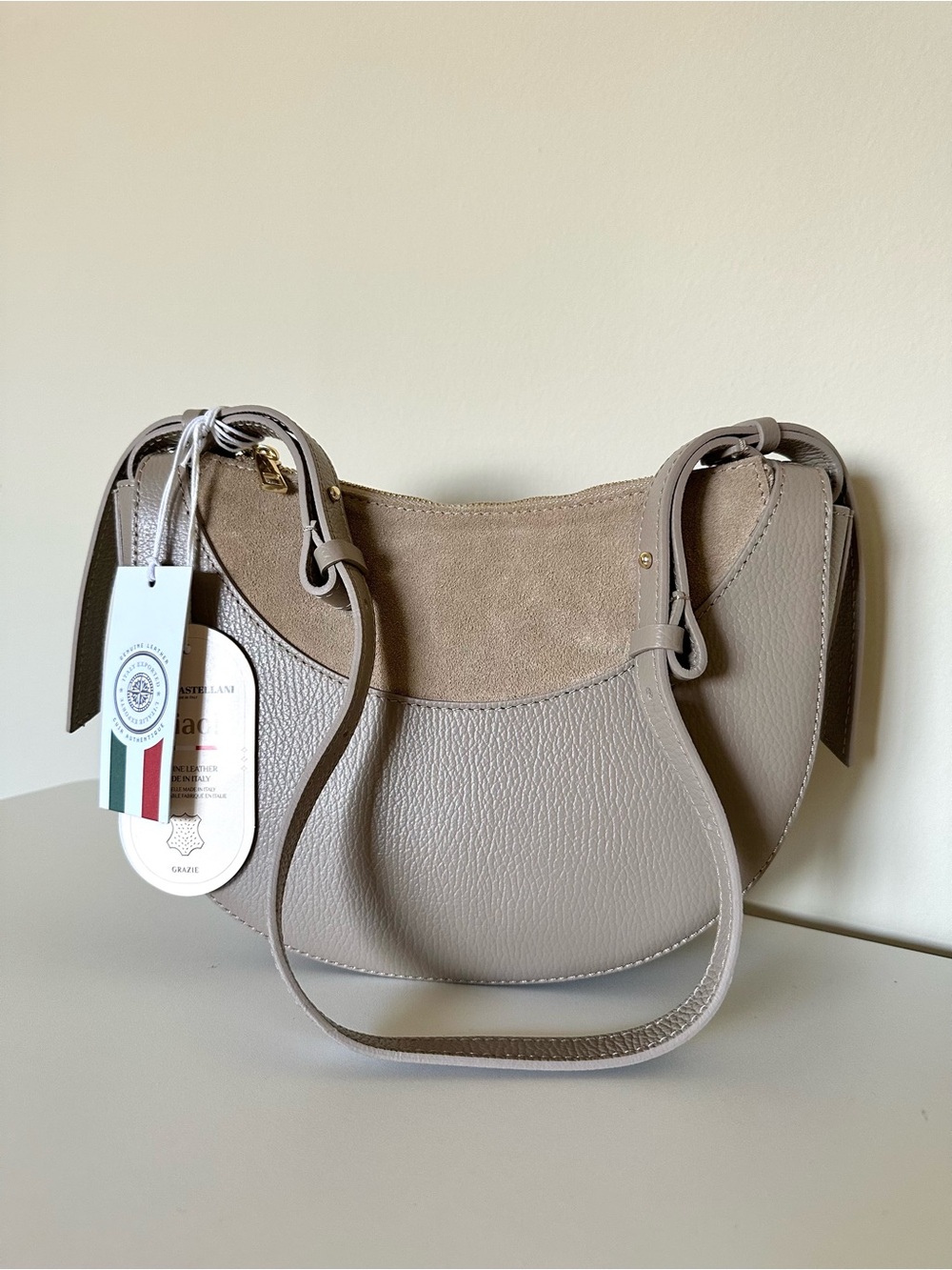 Viola Castellani Taupe Two-Tone Genuine Leather & Suede Shoulder Bag NWT